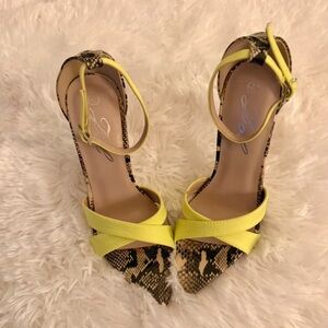 Zara Yellow Snakeskin-Trim Pointed Ankle-Strap Heels